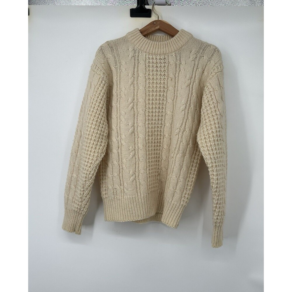 VINTAGE CLASSIC CREAM 100% WOOL HAND MADE FISHERMAN KNIT CREW NECK SWEATER 46